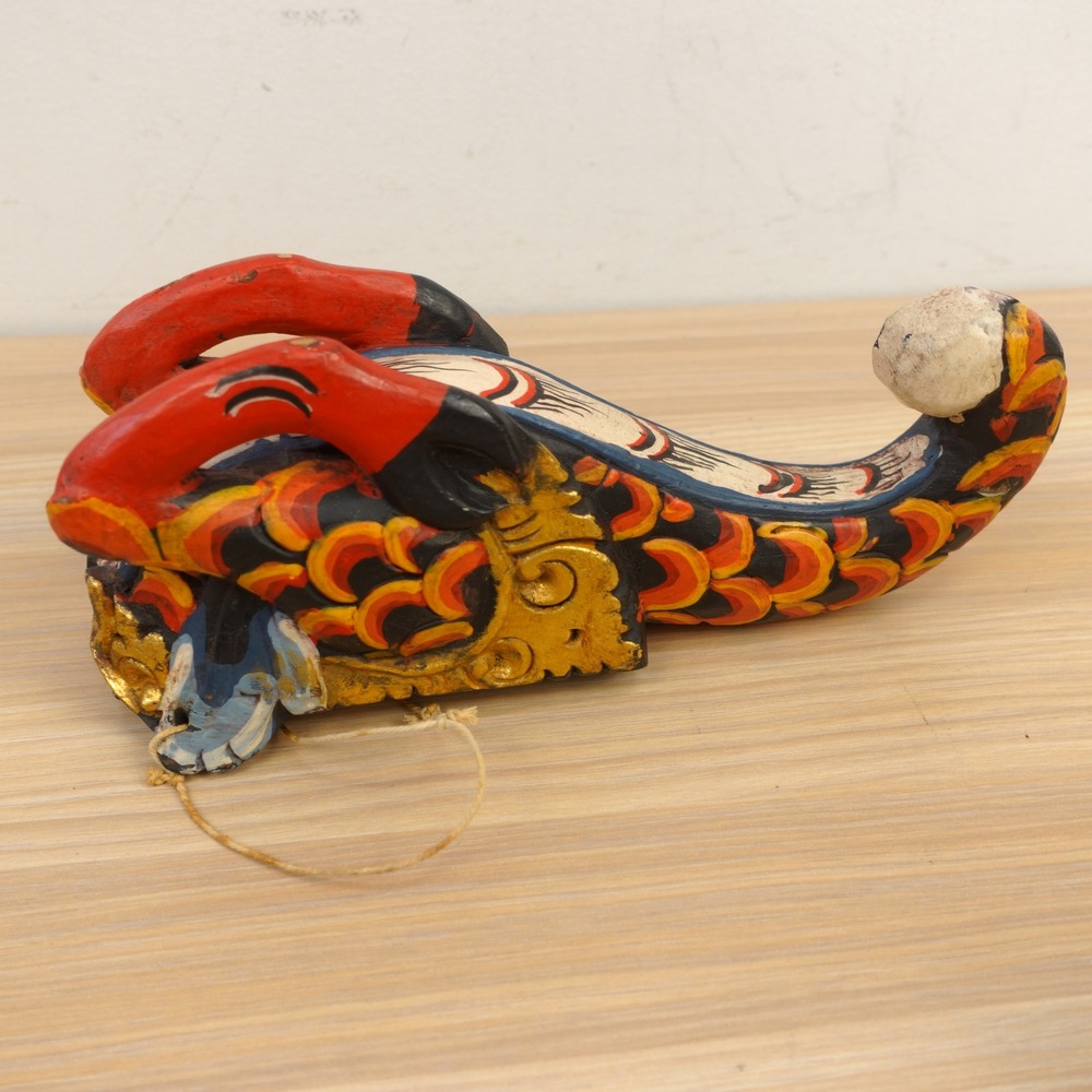 Vintage Balinese Folk Art Naga Spirit Chaser Red Gold Wood Carve Sculpture